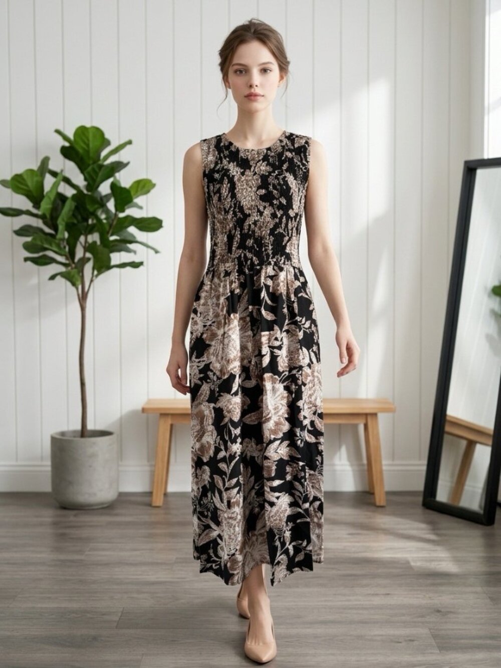 NWT Calvin Klein Floral Smocked Midi Dress Black Taupe Sleeveless Size 6